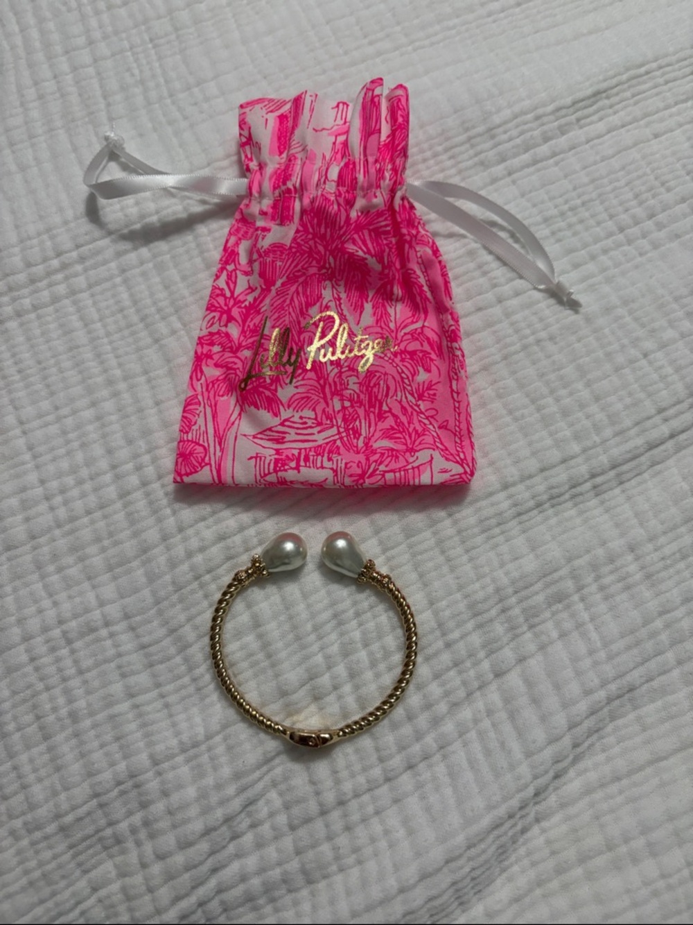 Lilly Pulitzer Gold Open Bangle with Pearl End Caps and Pink Drawstring Pouch